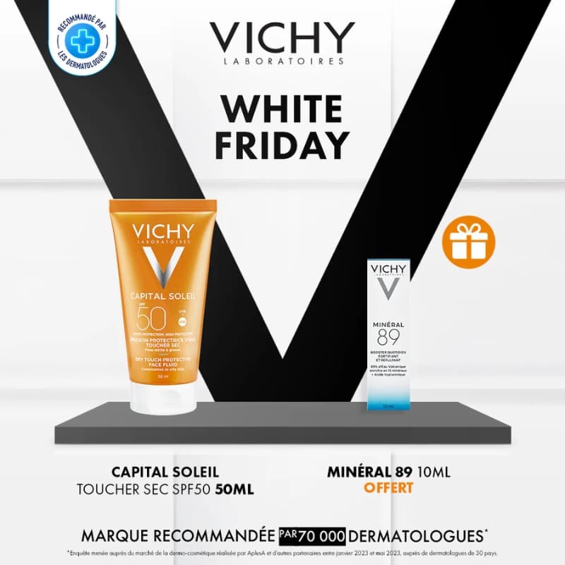Vichy Capital Soleil Émulsion Toucher Sec SPF50 Peau Sens Mixte à Gras = Minéral 89 10ml OFFERT